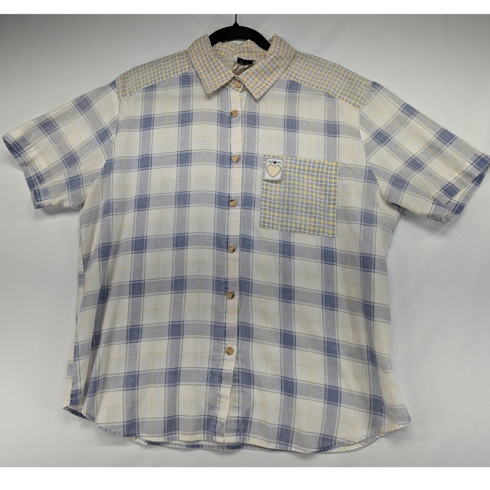 Vintage Tap & Co‎ Blue Yellow Mixed Plaid Heart Patch Button Down Shirt L USA
